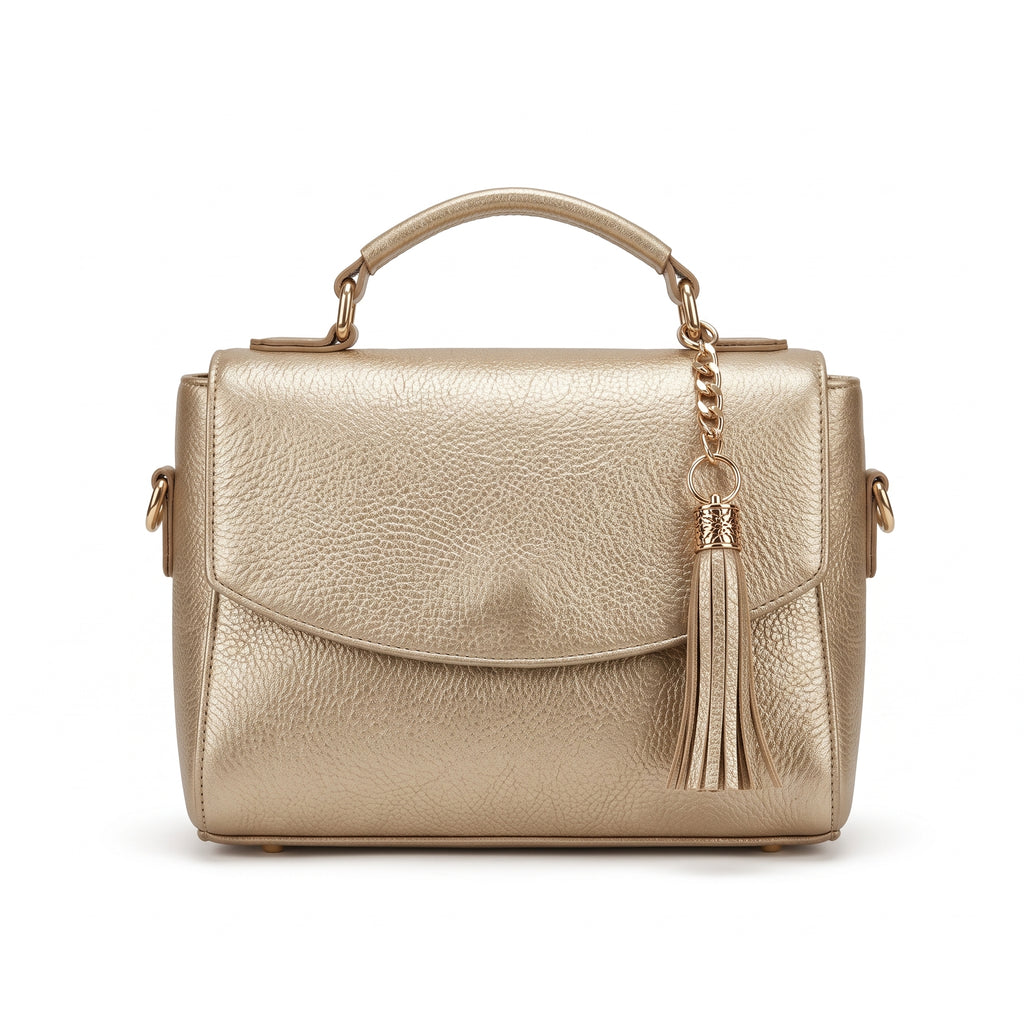 Bolso Elegante de Mano y Bandolera en Tono Dorado Metálico