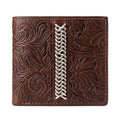 Cartera / Billetera de Piel Cincelada con Trenzado en Contraste en Tono Café / Cognac