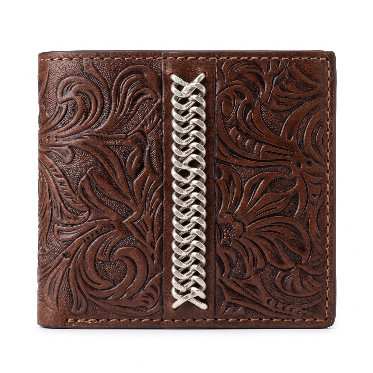 Cartera / Billetera de Piel Cincelada con Trenzado en Contraste en Tono Café / Cognac