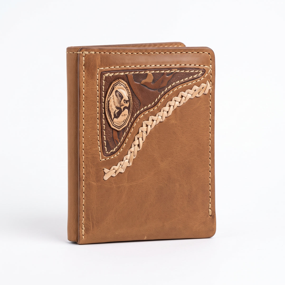 Cartera / Billetera de Piel en Tono Miel con Trenzado Artesanal y Emblema de Águila