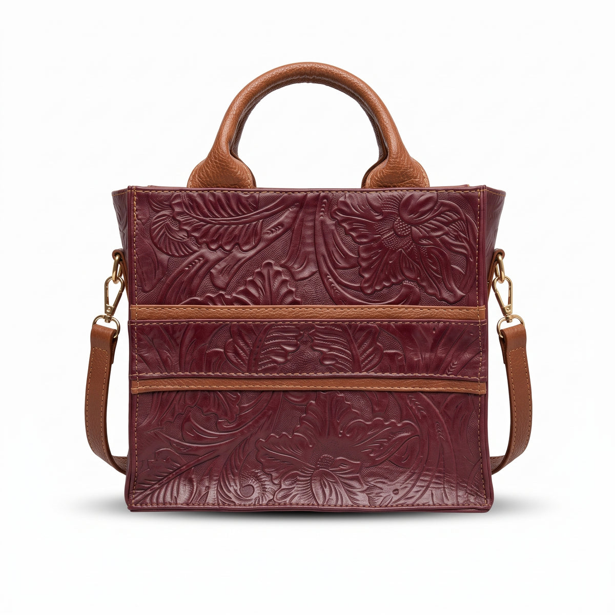 Bolso Tote / Bandolera de Piel Cincelada en Tono Tinto y Miel