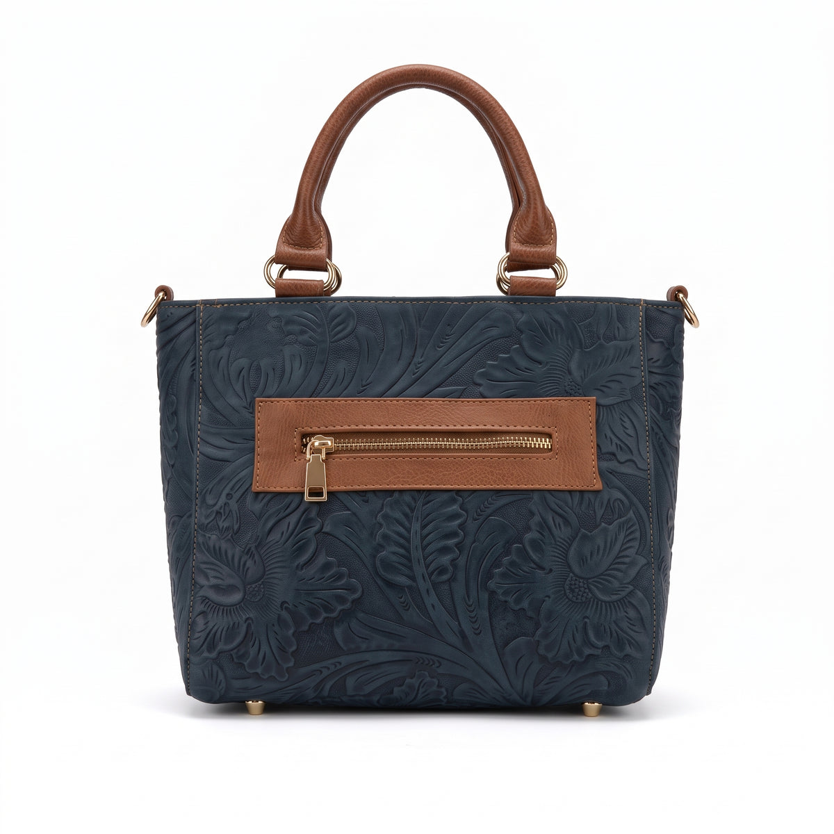 Bolso Tote / Satchel de Piel Cincelada en Azul Marino y Miel
