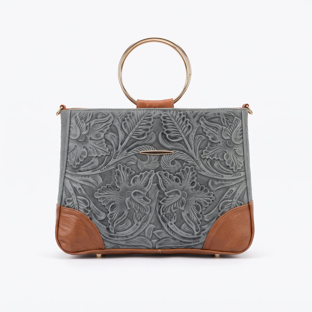 Bolso Tote / Handbag de Piel Cincelada con Asa de Aro Metálico en Tono Miel / Cognac