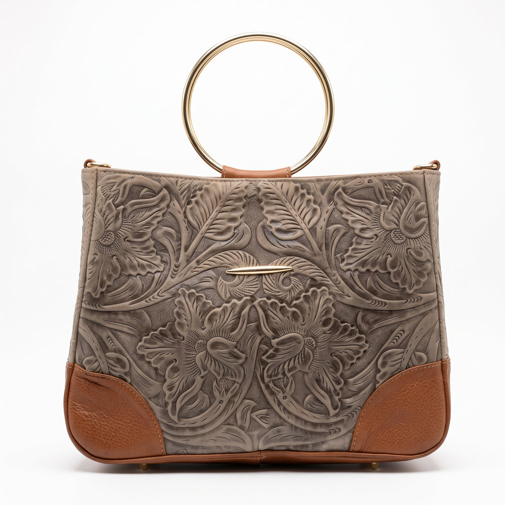 Bolso Tote / Handbag de Piel Cincelada con Asa de Aro Metálico en Tono Miel / Cognac