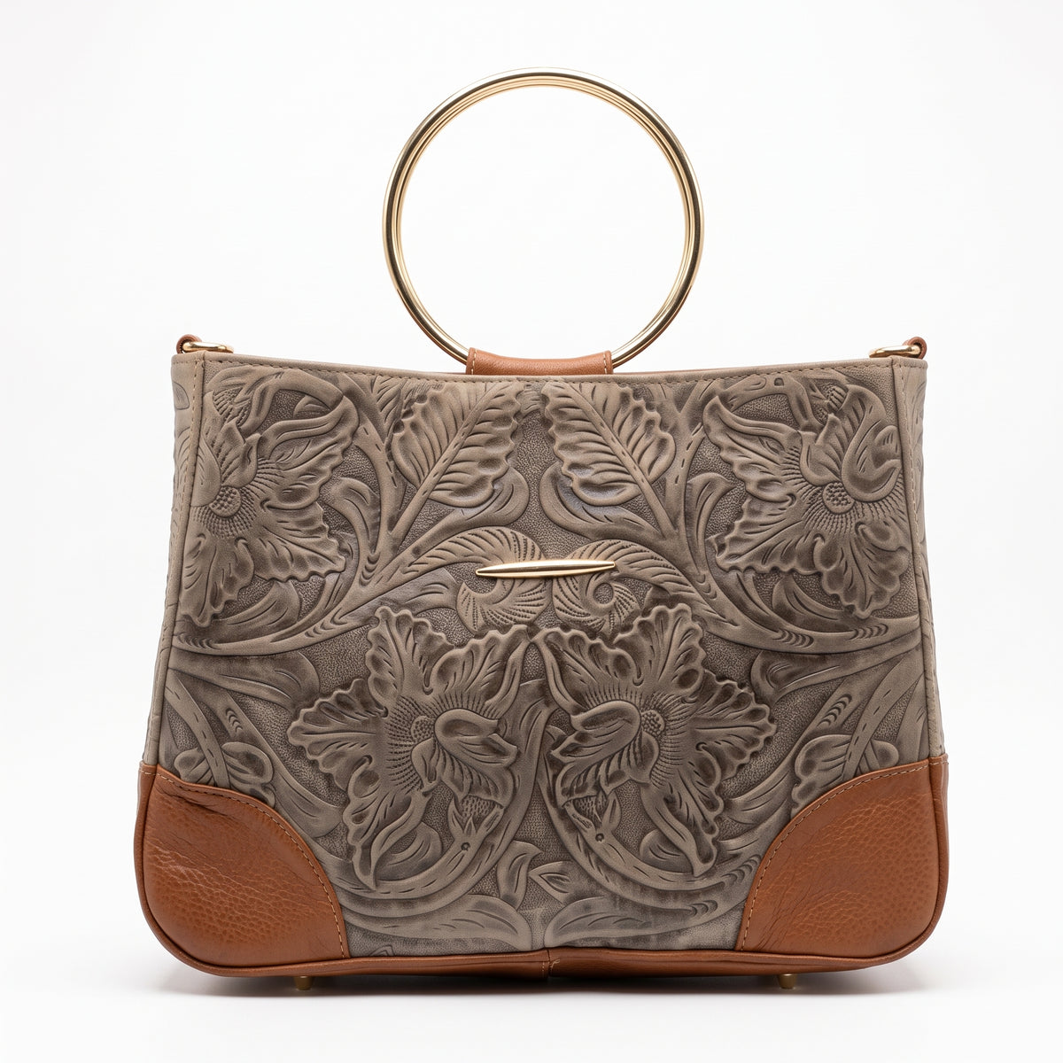 Bolso Tote / Handbag de Piel Cincelada con Asa de Aro Metálico en Tono Miel / Cognac