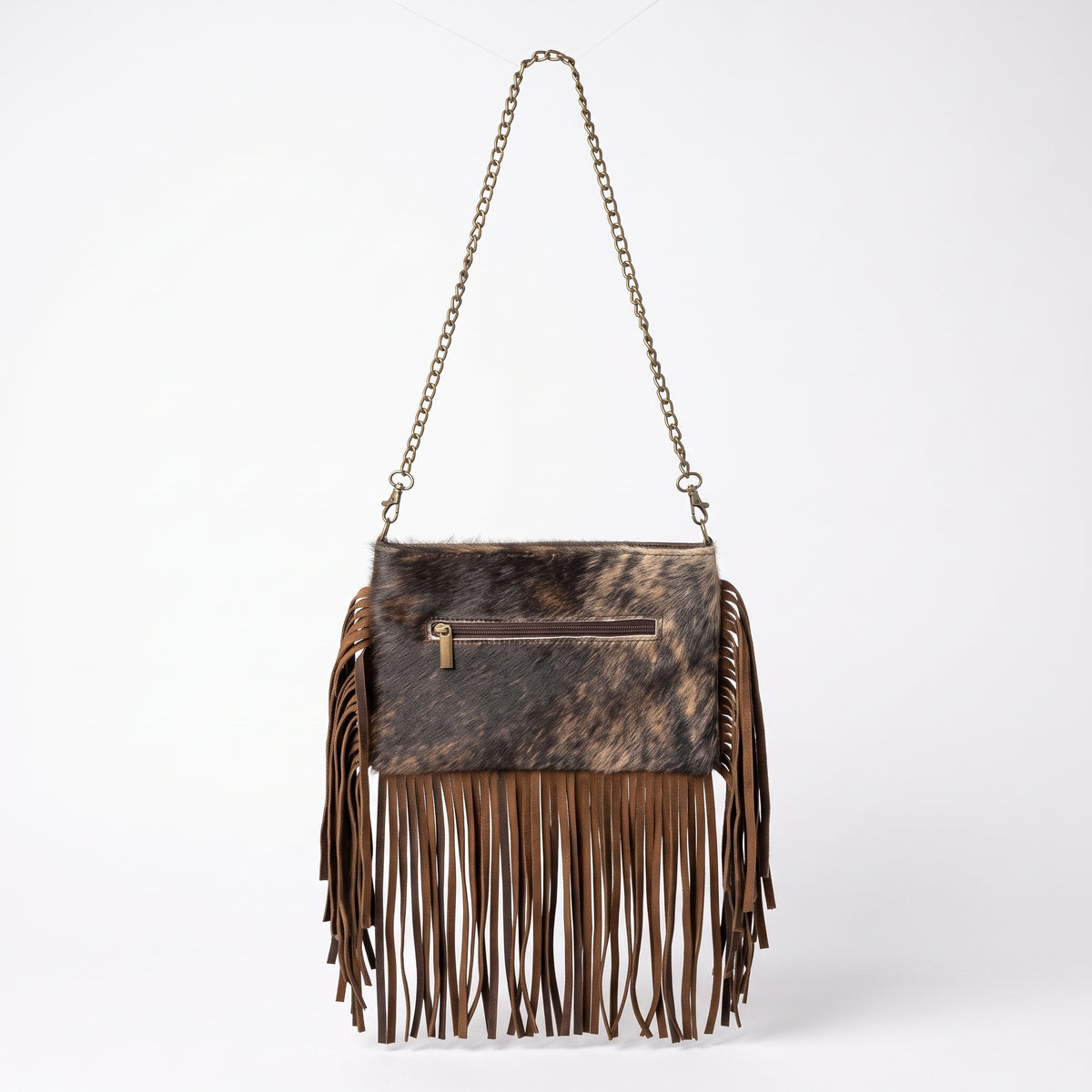 Bolso Bandolera de Piel con Pelo Genuino y Flecos Estilo Western / Boho Chic
