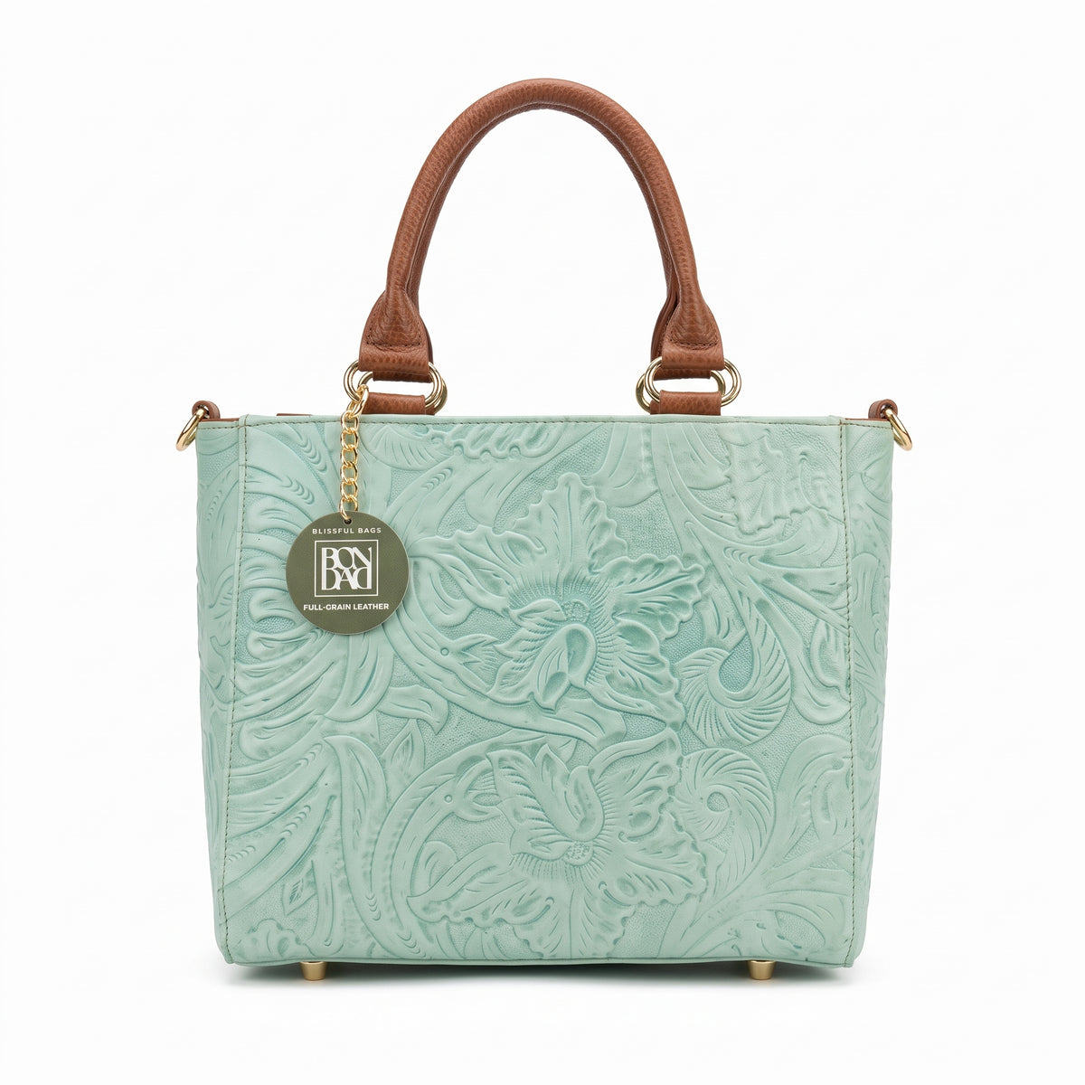 Bolso Tote / Satchel de Piel Cincelada en Menta / Verde Agua y Miel