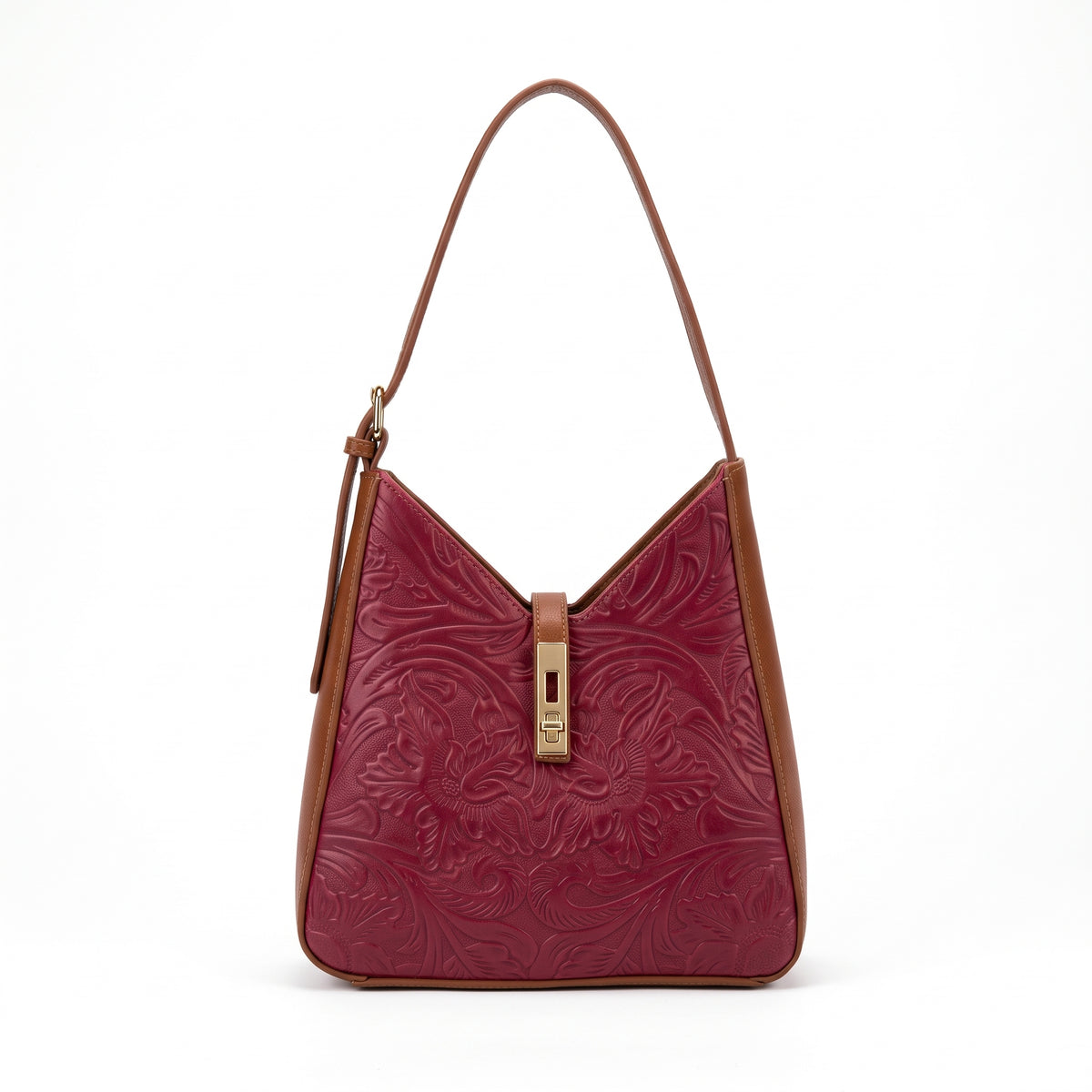 Bolso de Hombro Estilo Hobo de Piel Cincelada en Tinto y Miel