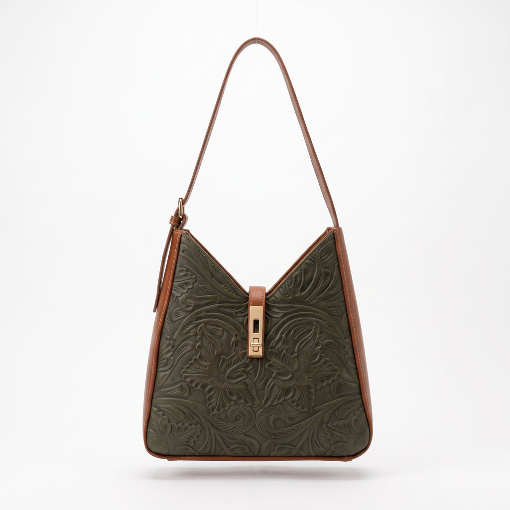 Bolso de Hombro Estilo Hobo de Piel Cincelada en Tinto y Miel