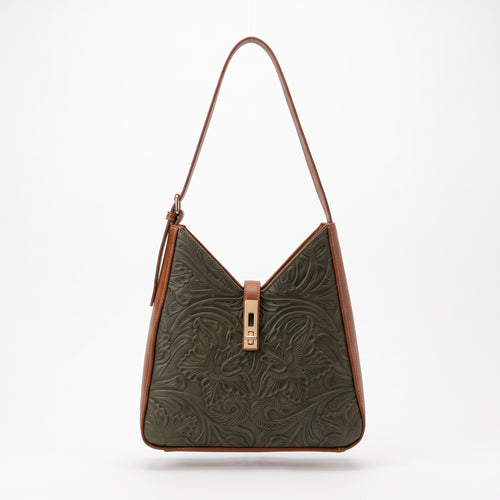 Bolso de Hombro Estilo Hobo de Piel Cincelada en Tinto y Miel