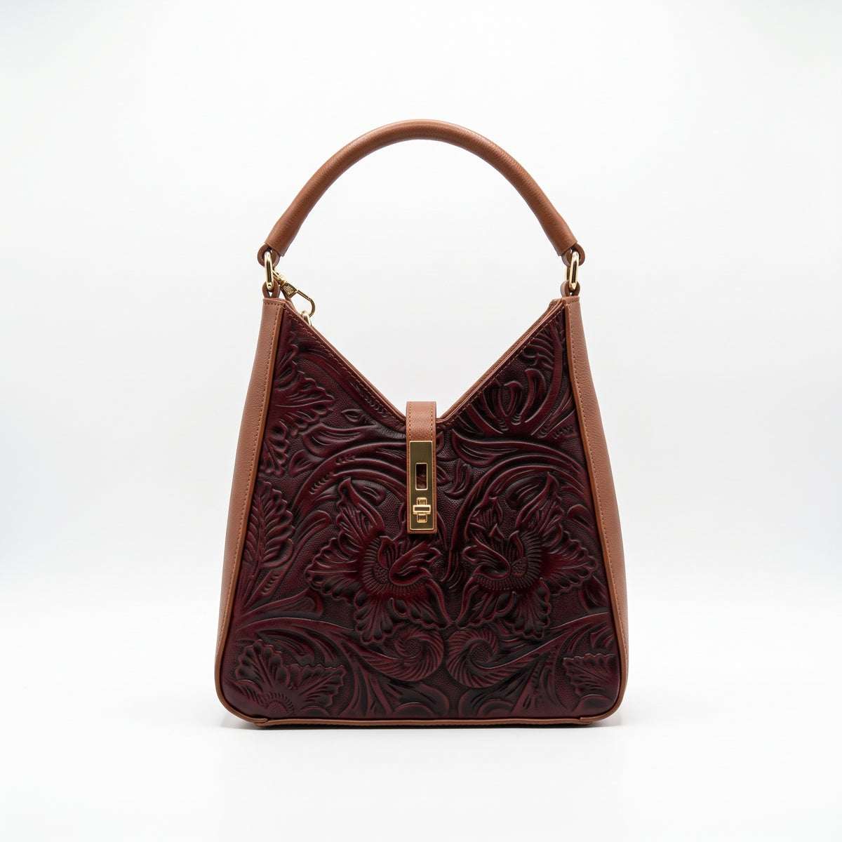 Bolso de Hombro Estilo Hobo de Piel Cincelada en Caoba / Tinto Profundo y Miel