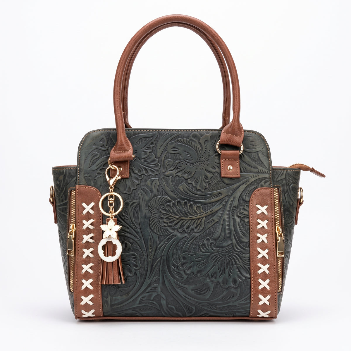 Bolso Tote / Satchel de Piel Cincelada con Costuras Cruzadas en Verde Olivo y Miel