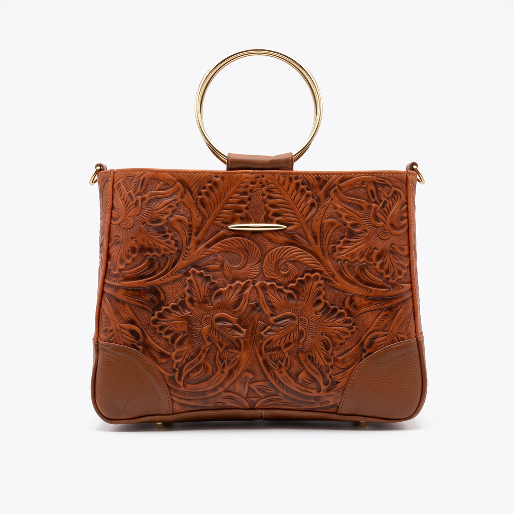 Bolso Tote / Handbag de Piel Cincelada con Asa de Aro Metálico en Tono Miel / Cognac