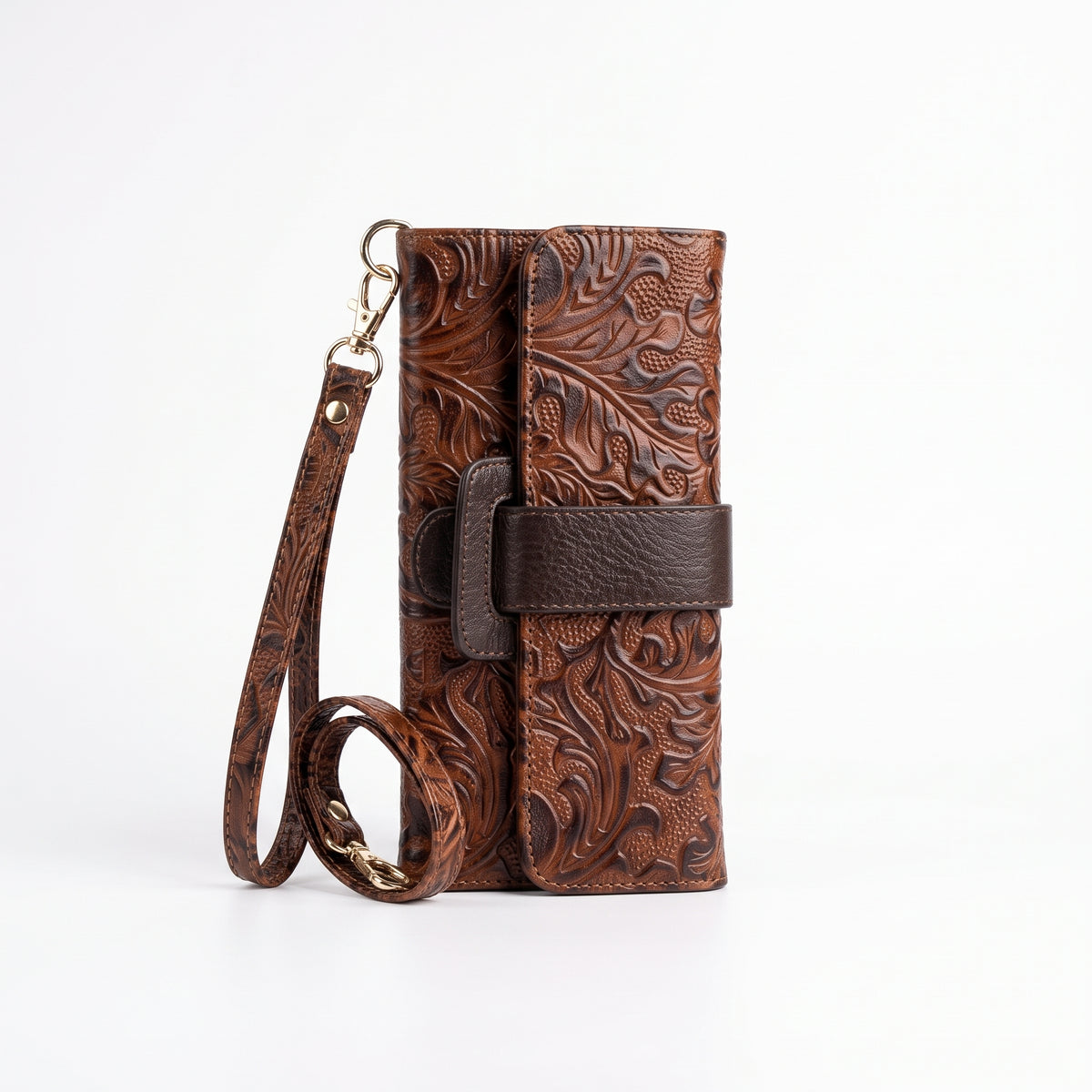 Cartera Larga Cincelada en Café Artesanal | Wristlet y Bandolera de Piel