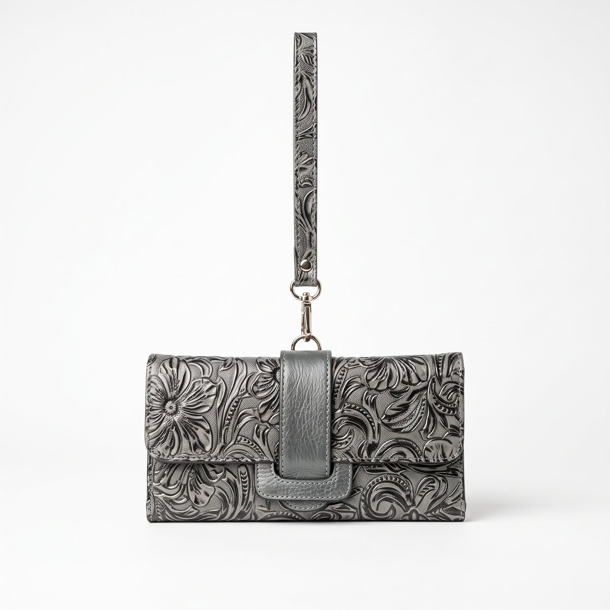 Cartera Larga Cincelada en Gris Platino | Wristlet de Piel